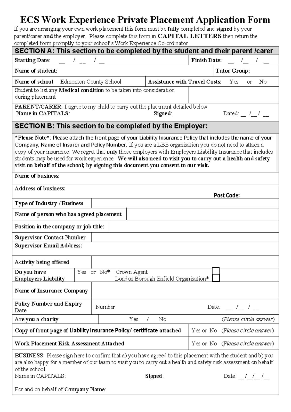 ECS Work Experience Placement Application Form 2026 - Studocu