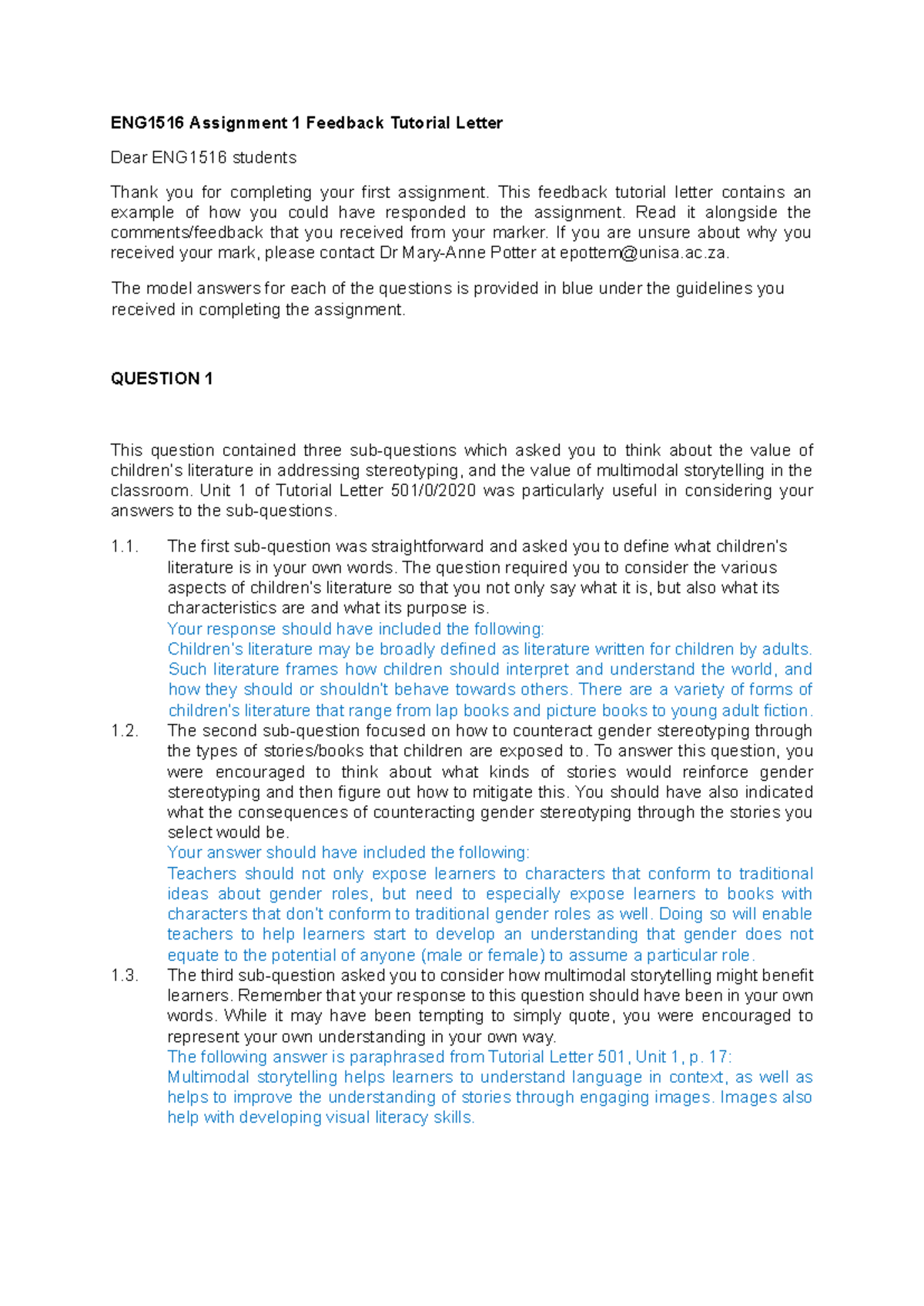 ENG1516 ASS01 Feedback & Model Answers for Assignment 1 - Studocu