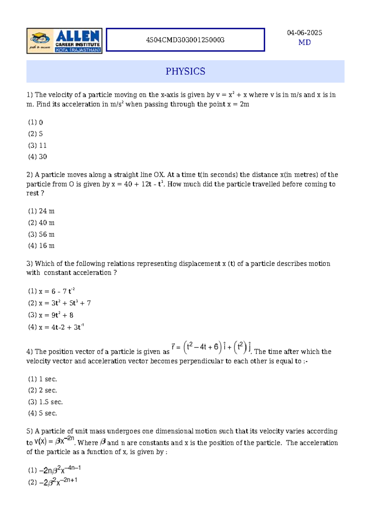 MD PHYSICS NEET Solutions: Kinematics & Quantum Mechanics - Studocu