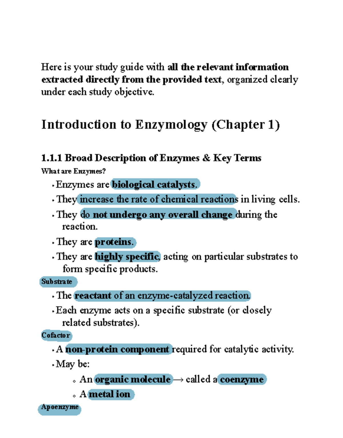 BCHS 317 Study Unit 1: Enzymology Summary and Key Concepts - Studocu