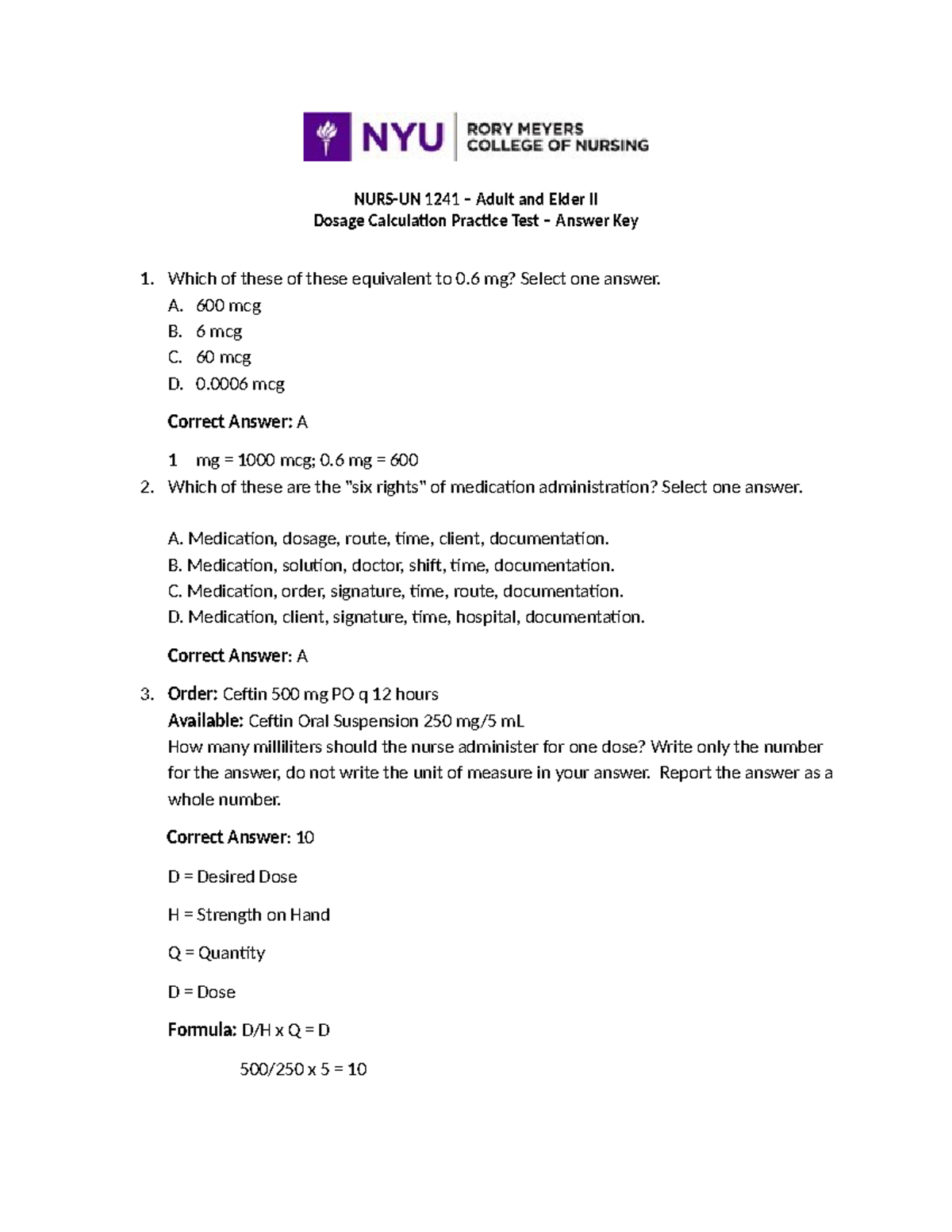 1241 AE II - Dosage Calculation Practice Test Answer Key - Studocu