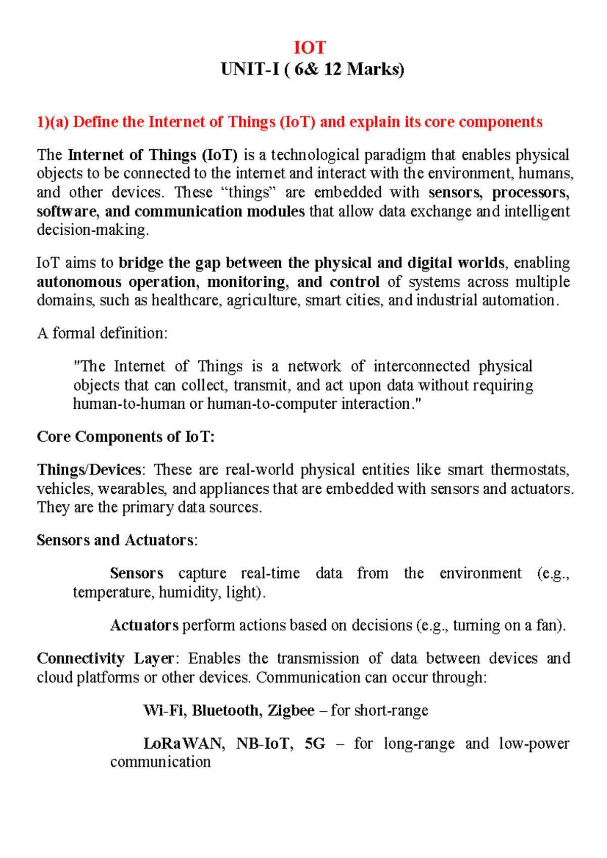 IOT unit 1 - Internet of things - IOT UNIT-I ( 6& 12 Marks) 1)(a ...