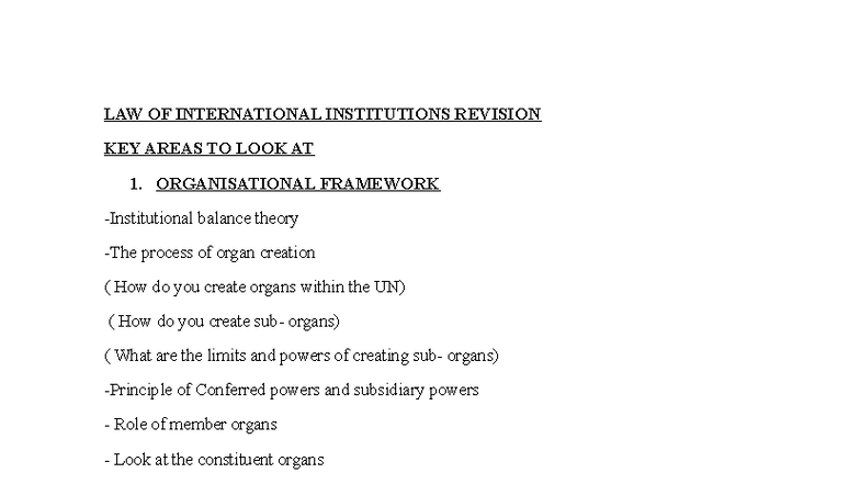 LAW 101: Key Areas for Revision on International Institutions - Studocu