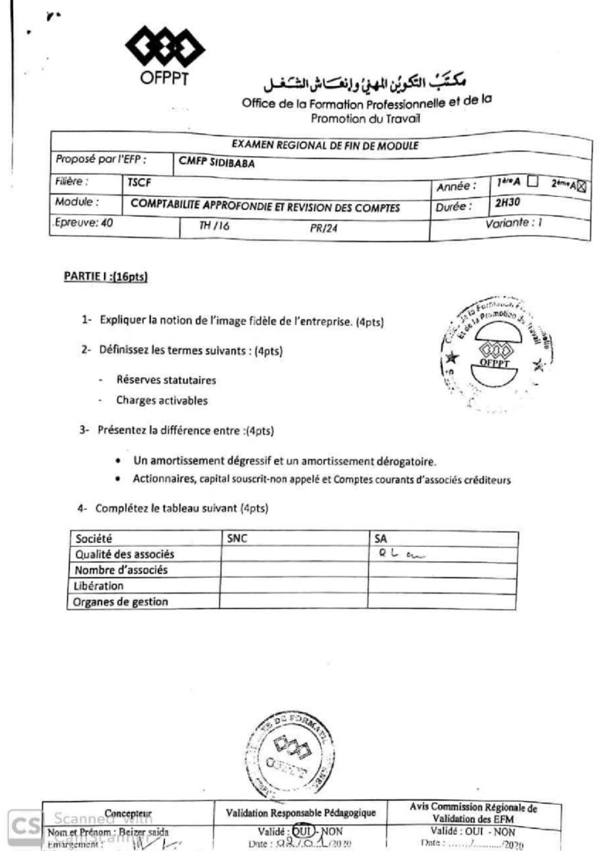 OFPPT TSCF Examen Régional de Fin de Module en Comptabilité Approfondie ...
