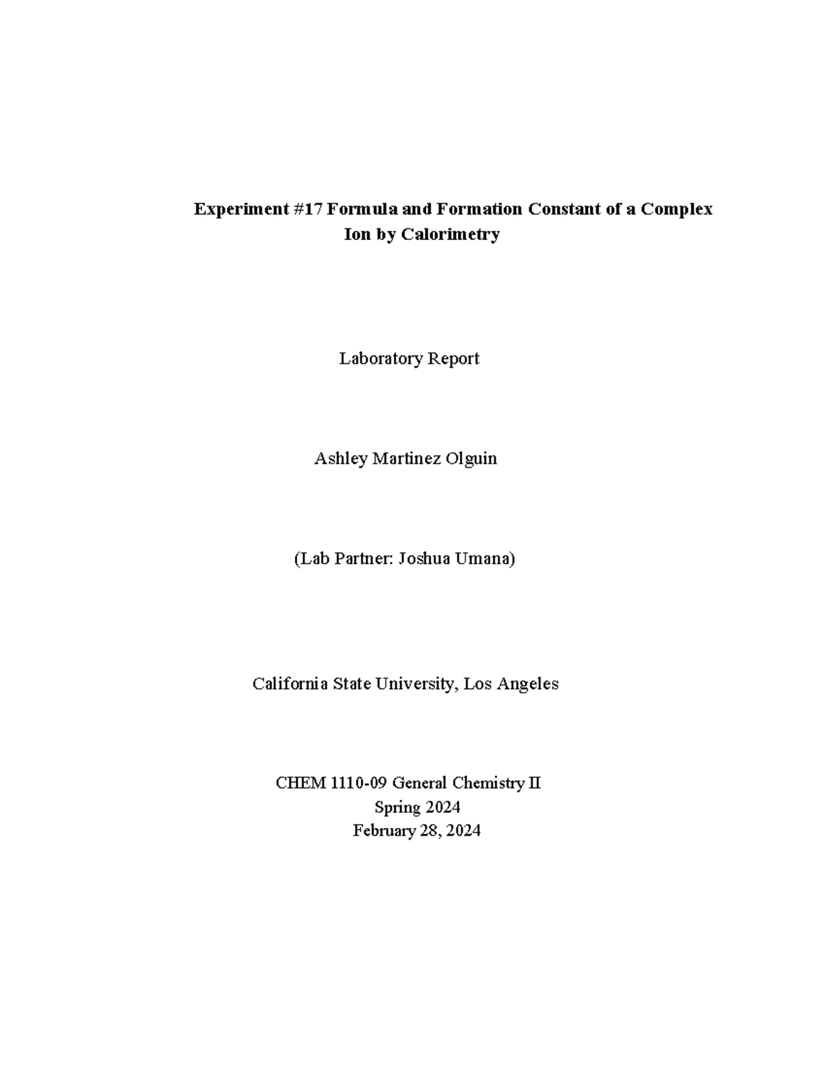 CHEM 1110-03 Lab Report: Experiment 15 on Equilibrium & Le Chatelier's ...