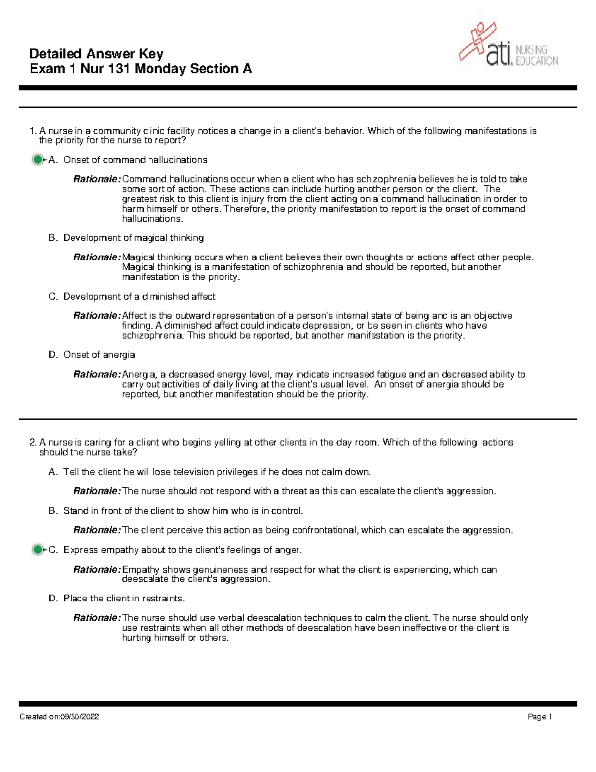 Detailed Answer Key for Exam 1 - Nur 131 Monday Section A - Studocu