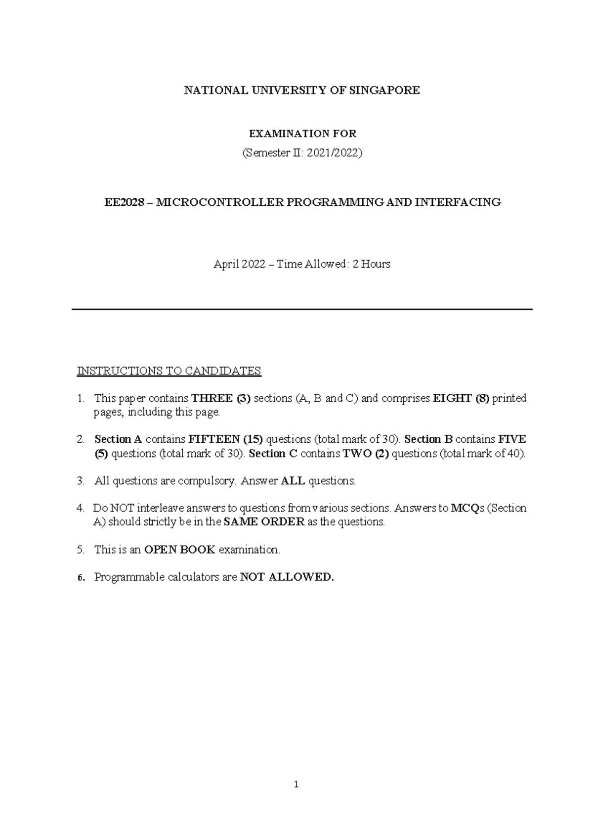 AY 2122 S2 EE2028 - Microcontroller Programming Exam Paper - Studocu