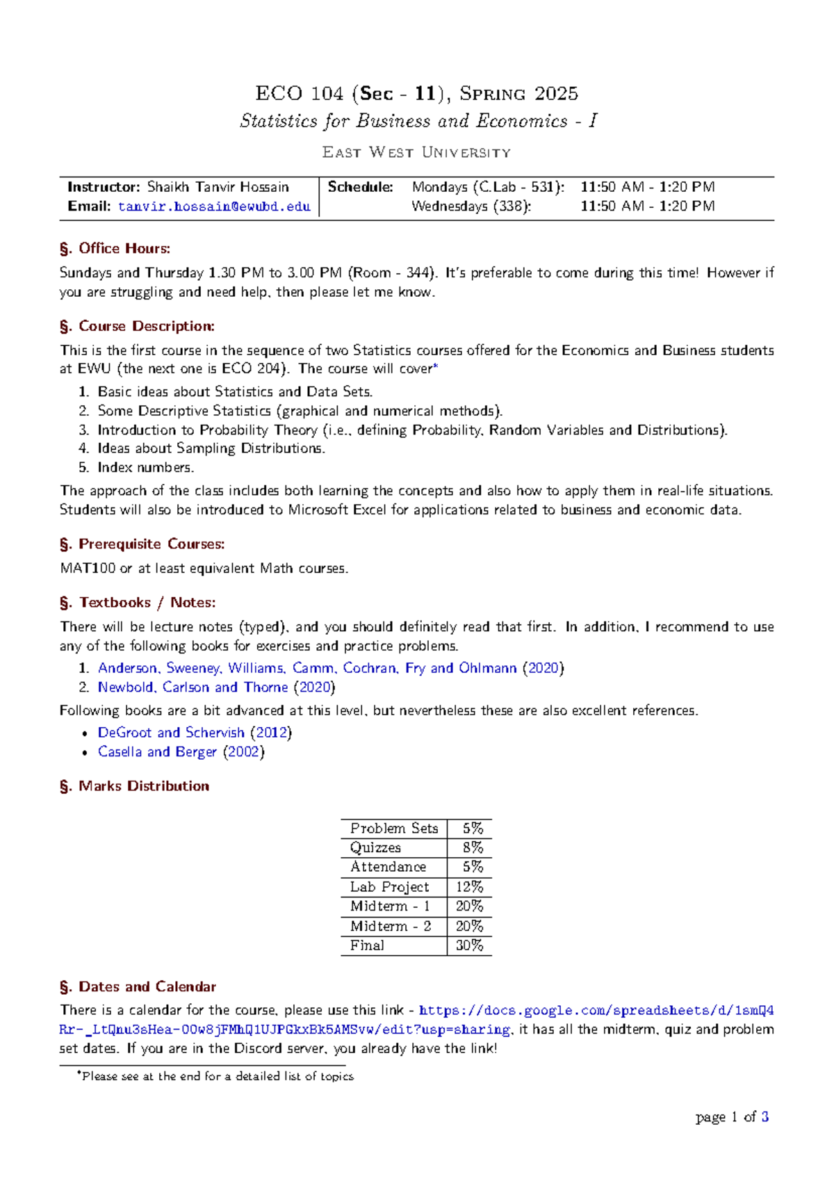ECO 104 (Sec 11) Spring 2025 Course Outline for Statistics in Business ...
