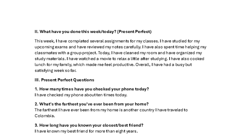 II. Present Perfect Exercise: Weekly Activities and Reflections - Studocu