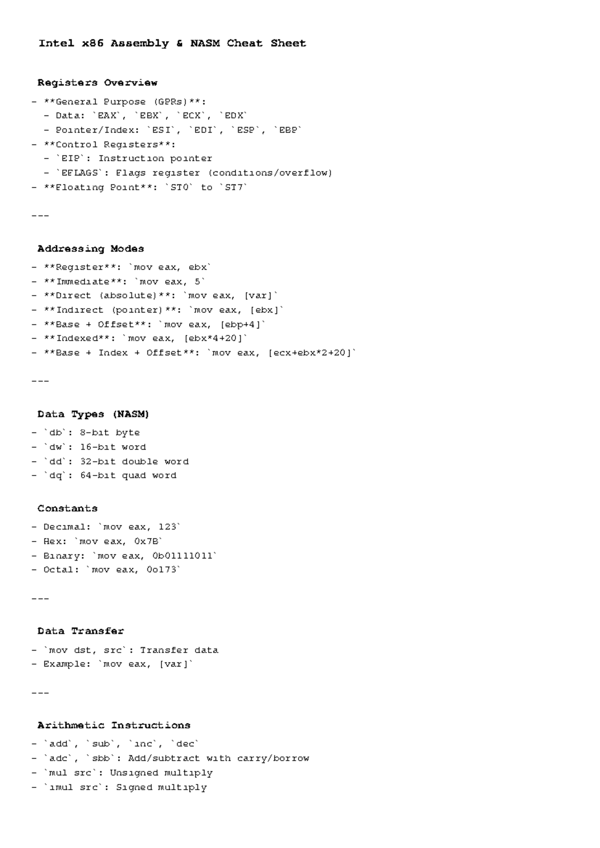 X86 NASM Cheat Sheet: Registers, Instructions & System Calls - Studocu