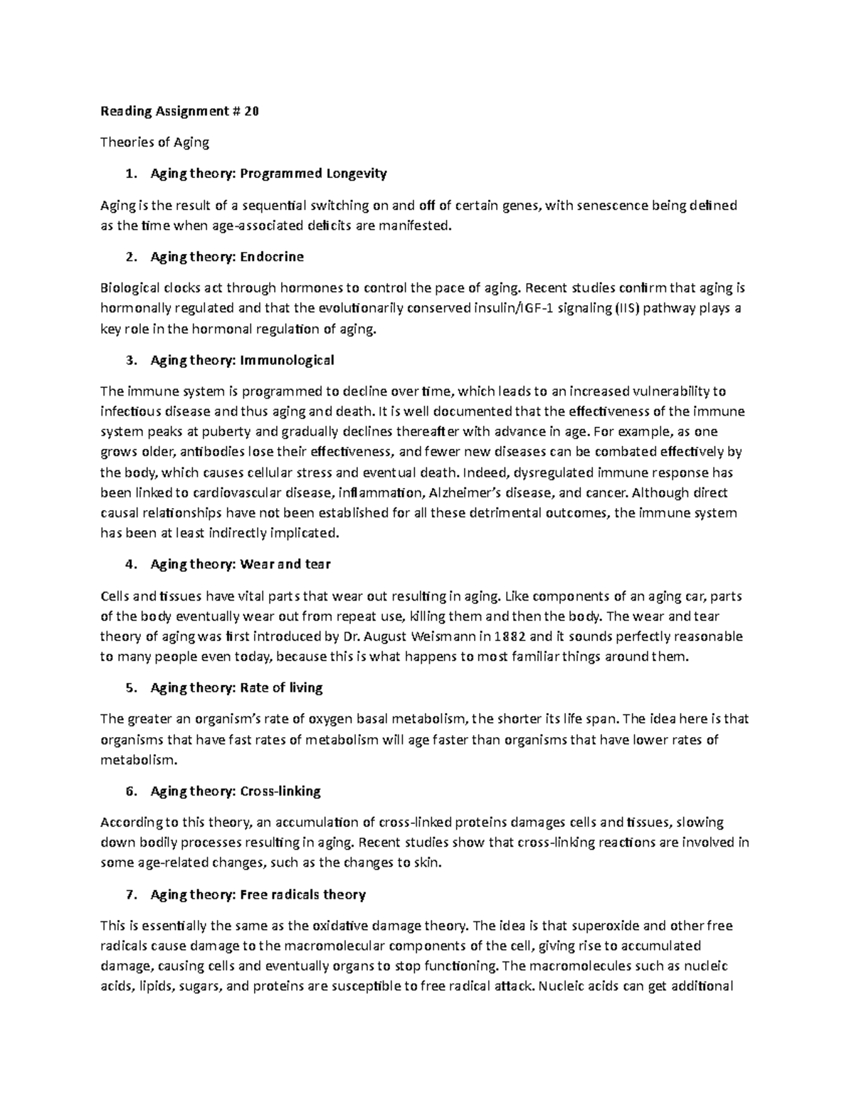 R20 - Lecture notes 20 - Reading Assignment 20 Theories of Aging 1 ...