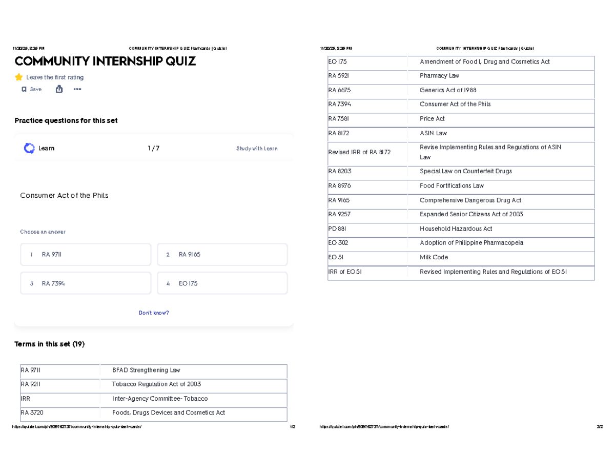 COMMUNITY INTERNSHIP QUIZ Flashcards (RA 9711, RA 9165, RA 7394) - Studocu