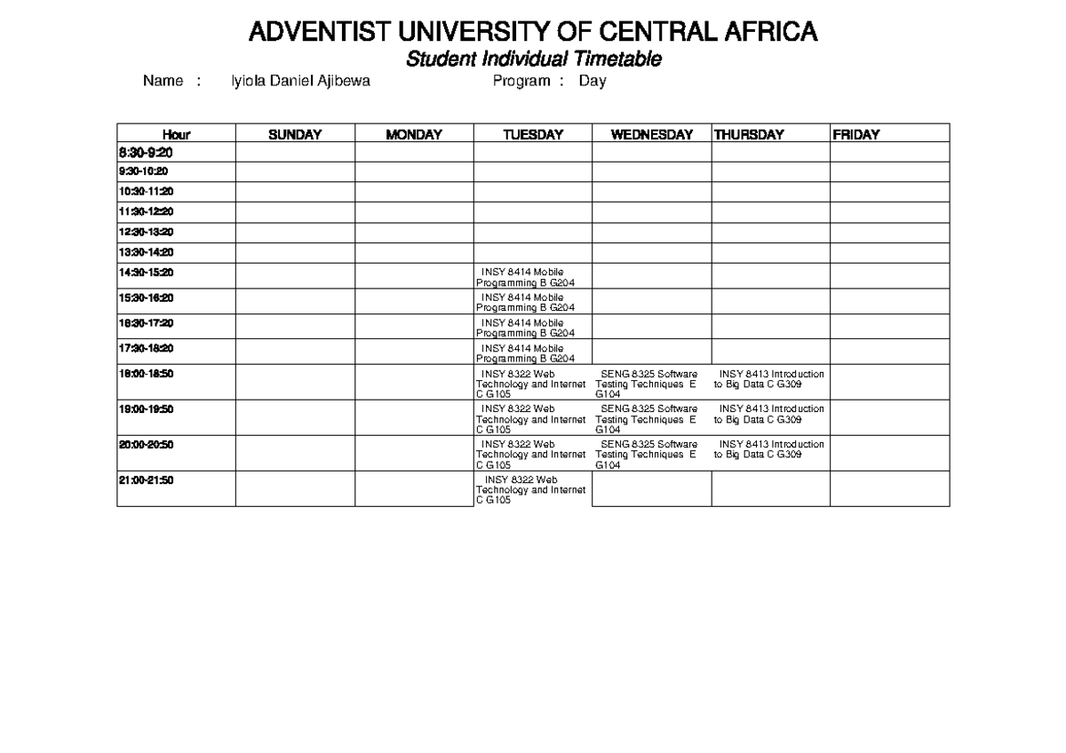 Student Timetable for INSY 8414, INSY 8322, SENG 8325, INSY 8413 - Studocu