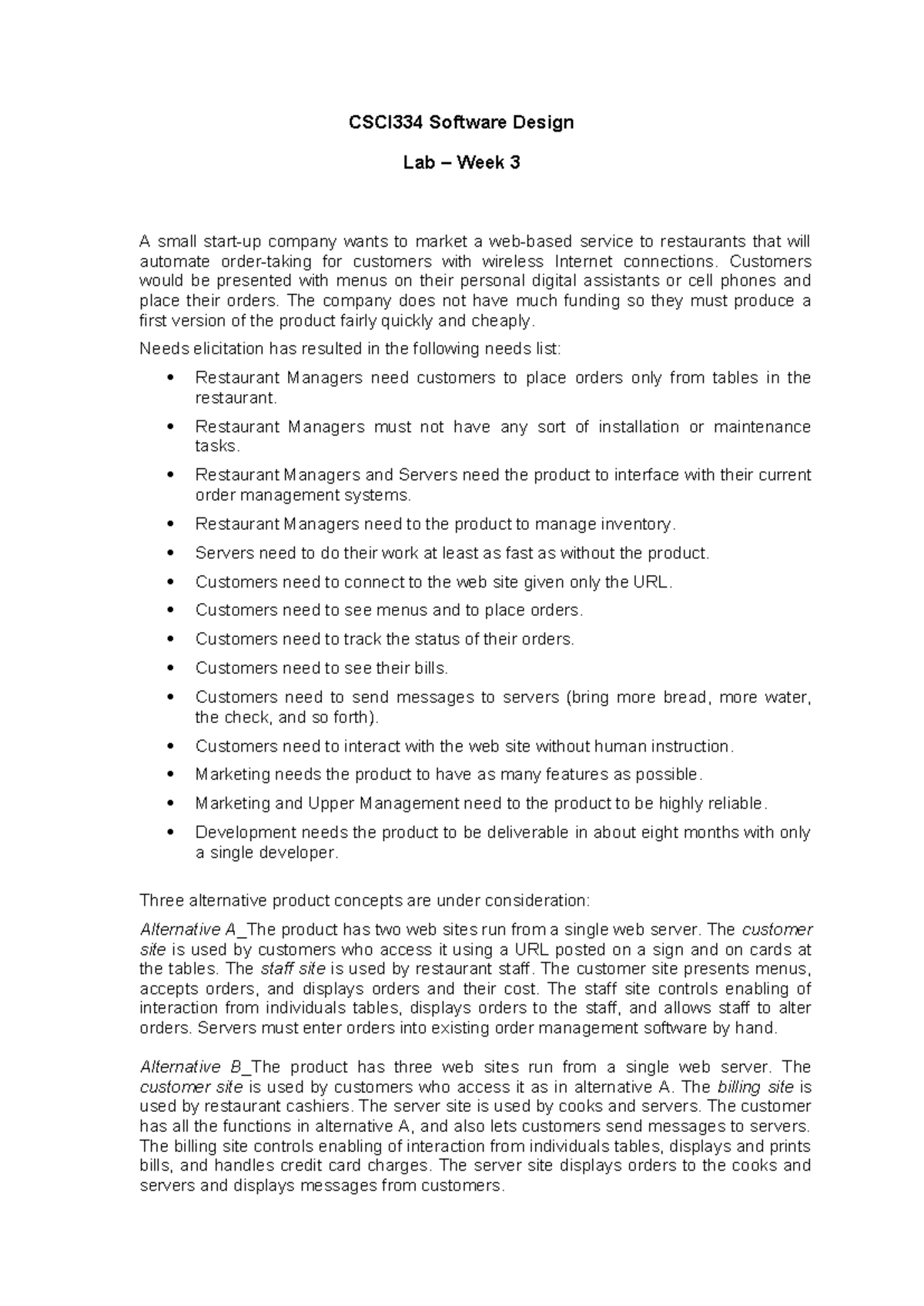 CSCI334 Software Design Lab Week 3: Restaurant Automation Concepts ...