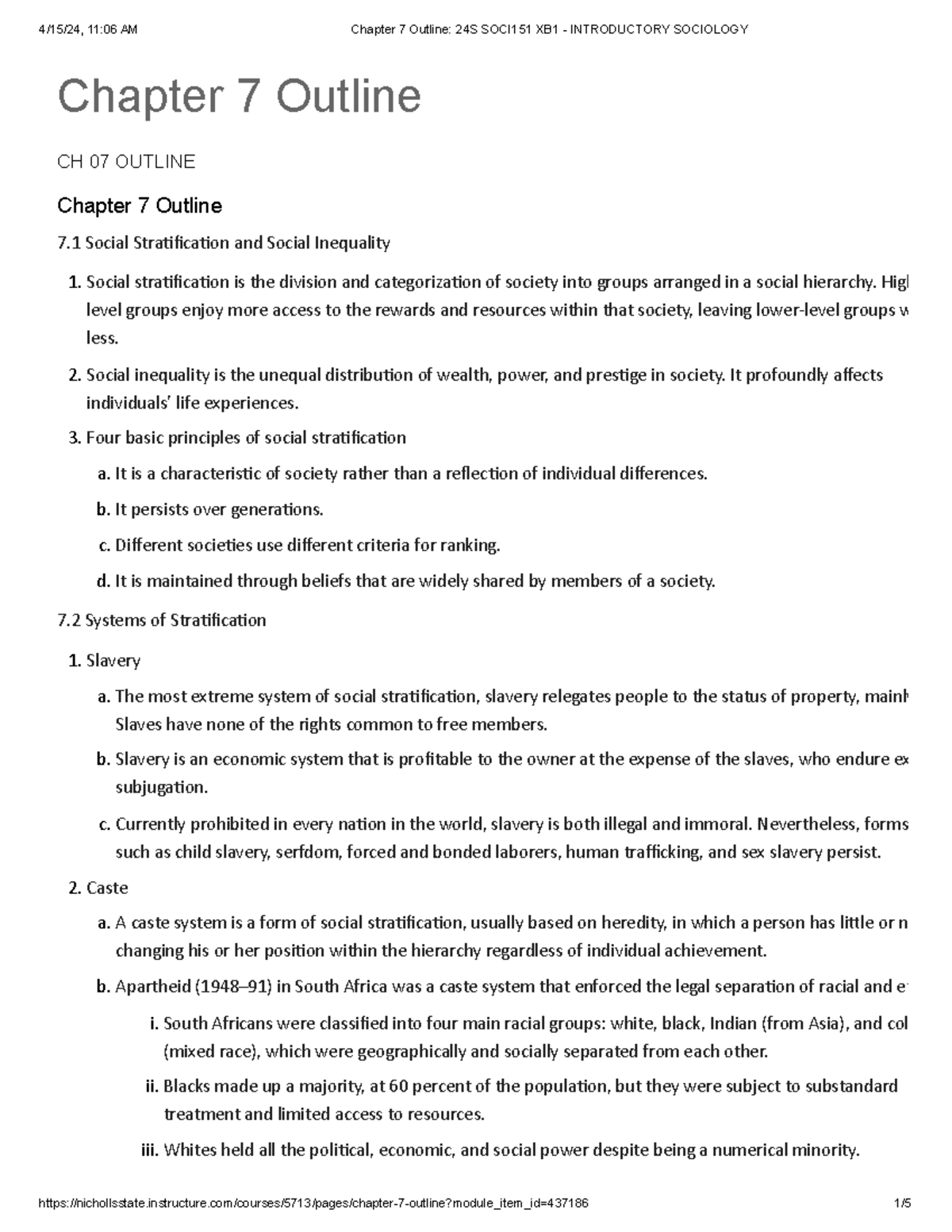 Chapter 7 Outline 24S SOCI151 XB1 - Introductory Sociology - Chapter 7 ...