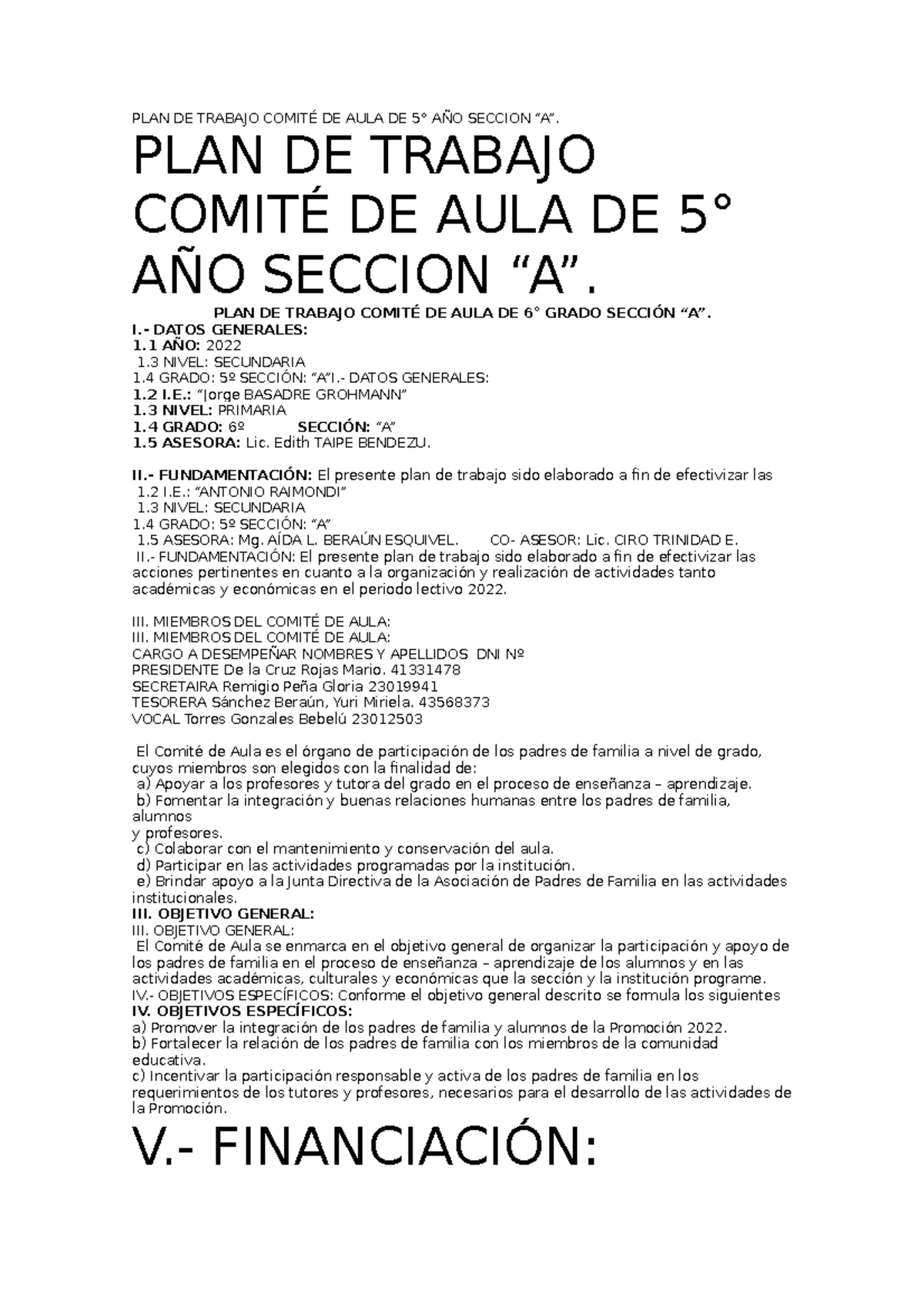 PLAN DE TRABAJO DEL COMITÉ DE AULA 6TO GRADO SECCIÓN "A" - Document Preview