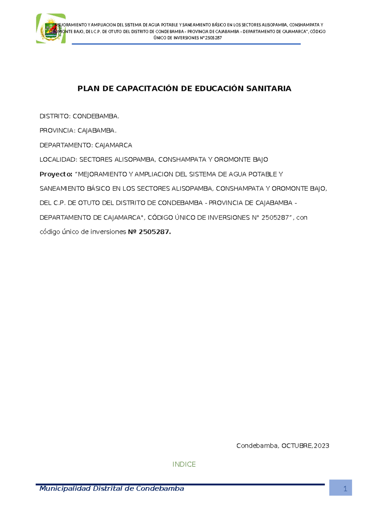 PLAN DE CAPACITACIÓN EN EDUCACIÓN SANITARIA - C.P. 2505287 - Studocu