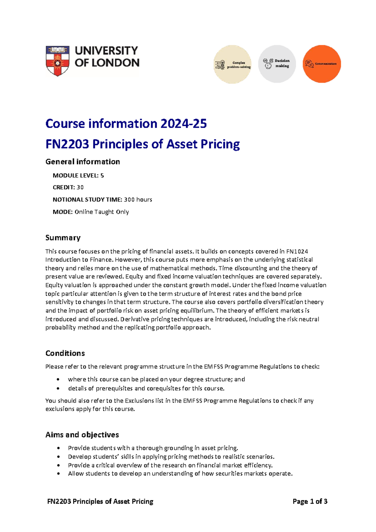 FN2203 Principles of Asset Pricing: Course Overview and Learning ...