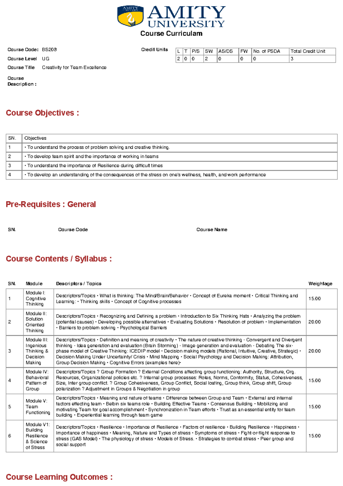 Creativity for Team Excellence - Course Curriculum BS208 - Studocu