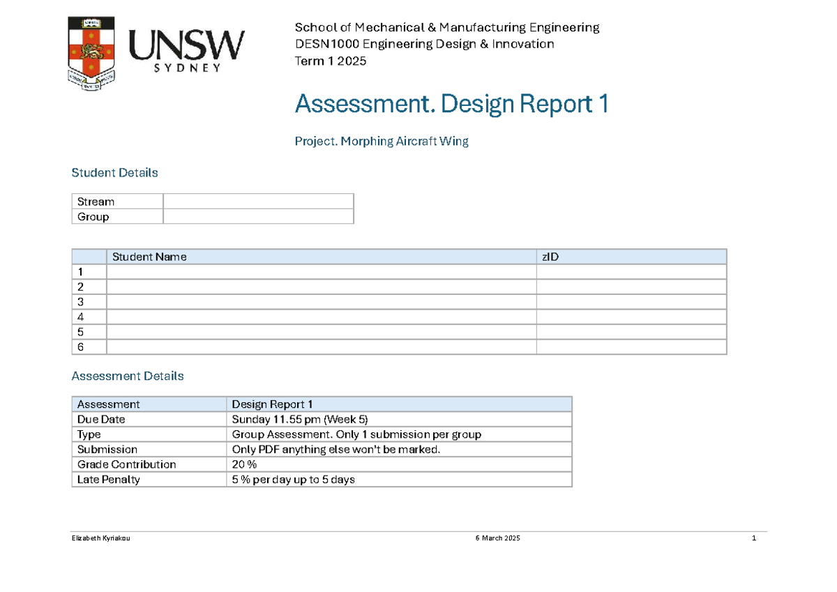 MECH DESN1000 Design Report 1 Assessment Guide - Term 1 2025 - Studocu