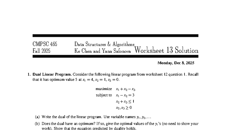 CMPSC 465 Fall 2025 Worksheet 13 Solutions on Linear Programming and ...