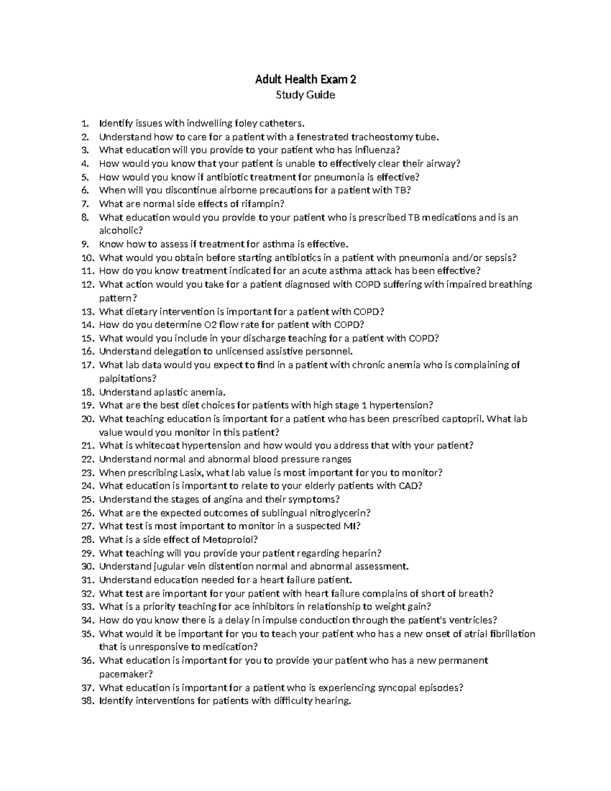 Exam 2 Study Guide NURS 3672: Critical Adult Health Concepts - Studocu