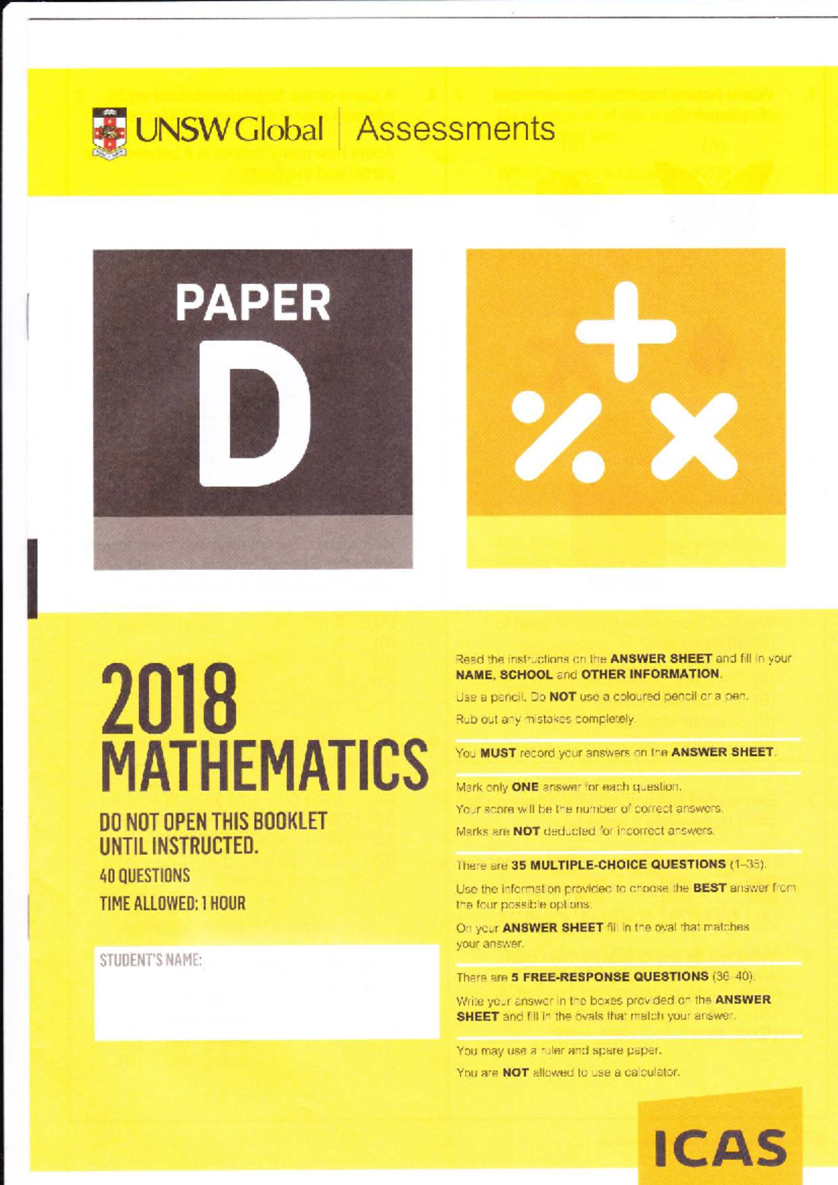 2018 ICAS Mathematics Paper D - UNSW Global Assessments - Document Preview