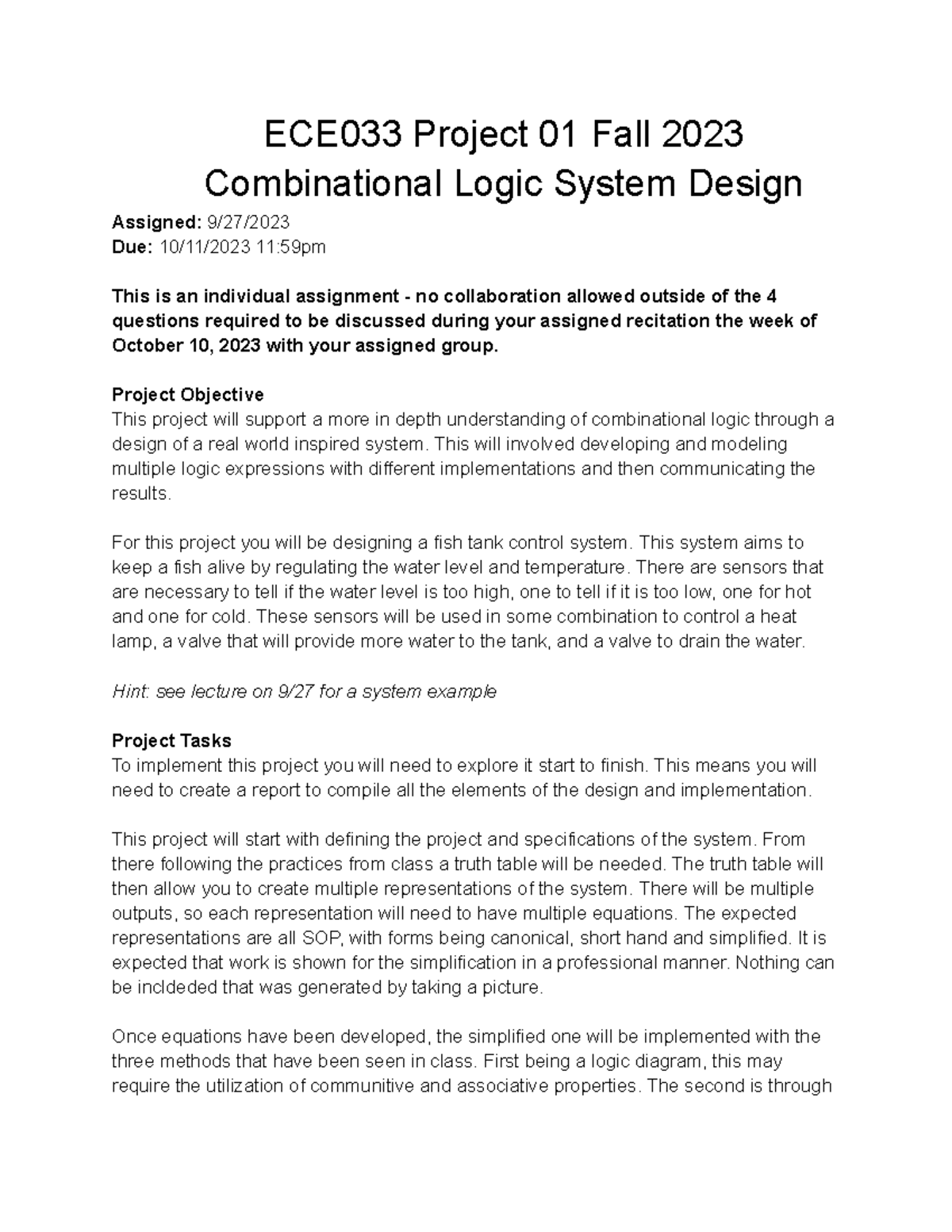 ECE033 Project 01: Combinational Logic Fish Tank System Design - Studocu