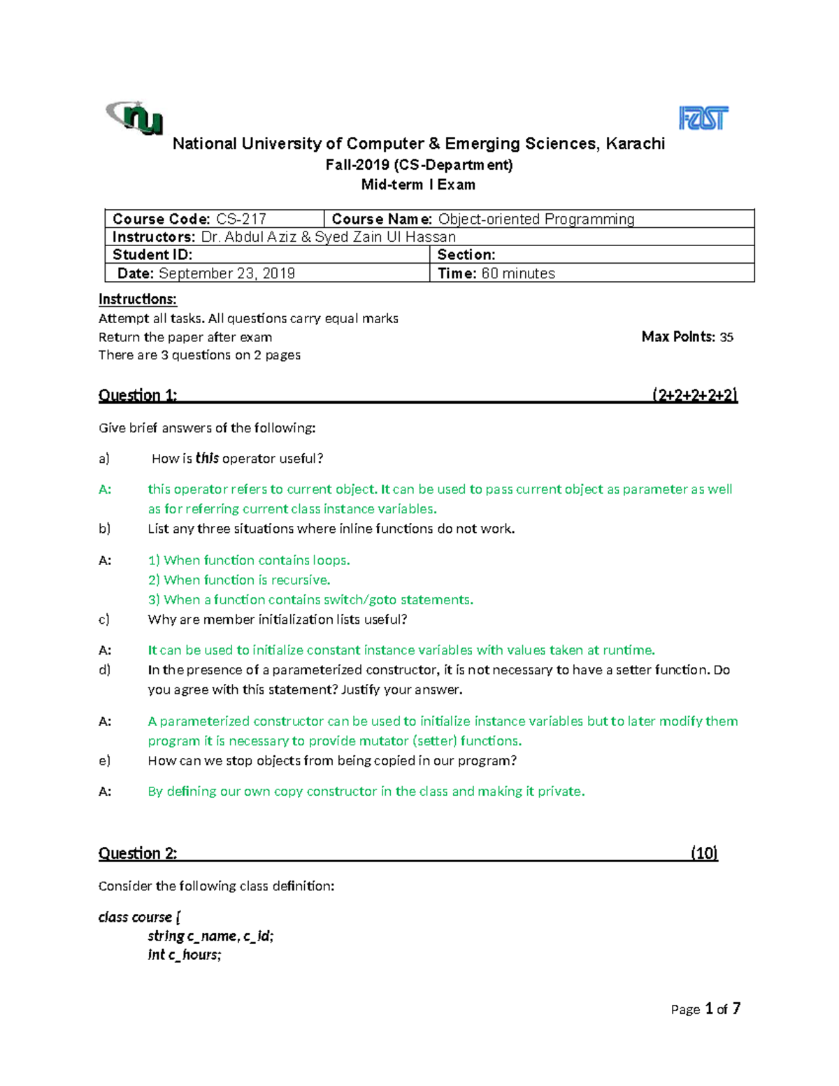 Midterm I Solutions for Programming (Course Code: 2020) - Studocu