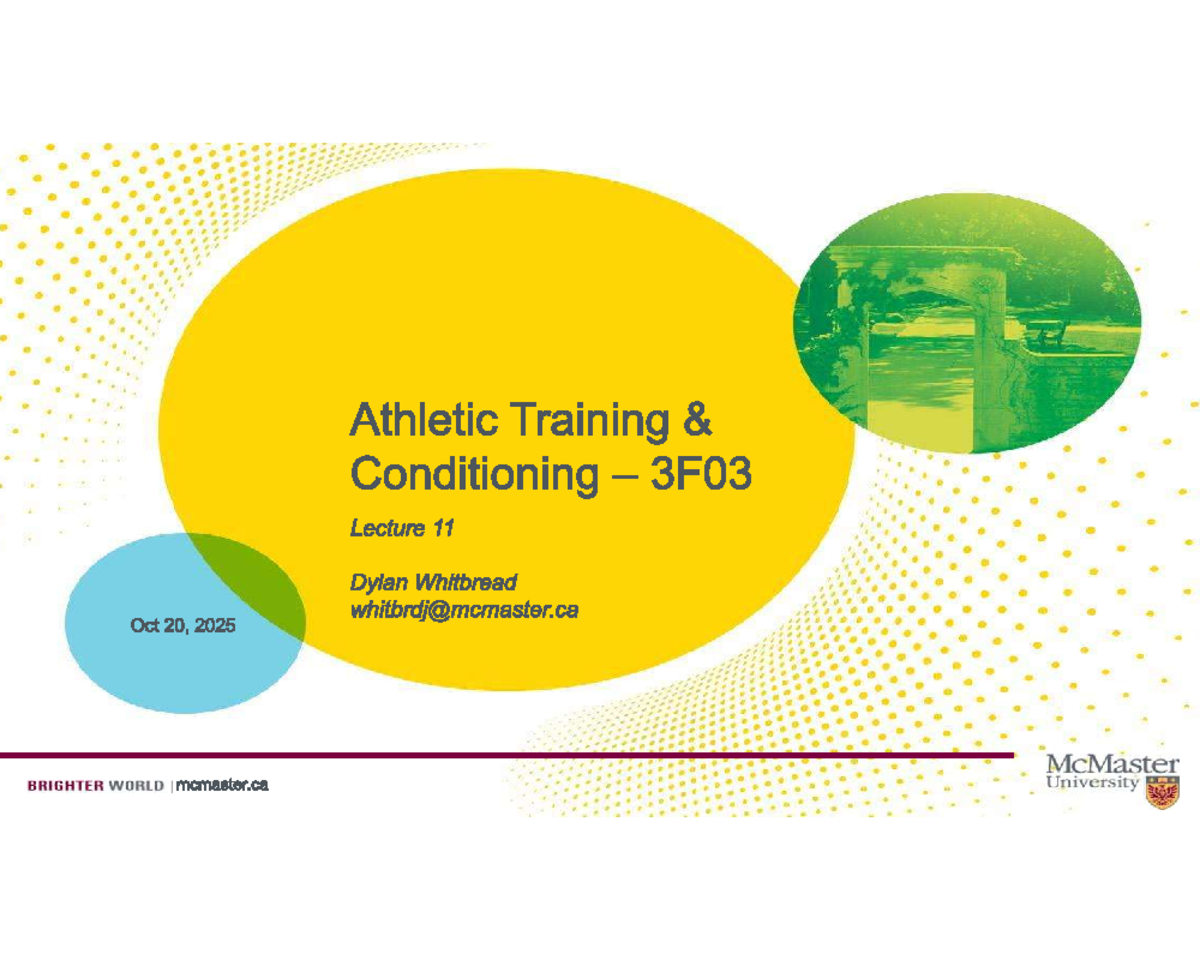 Athletic Training Conditioning 3F03 Lecture 11: Understanding ...
