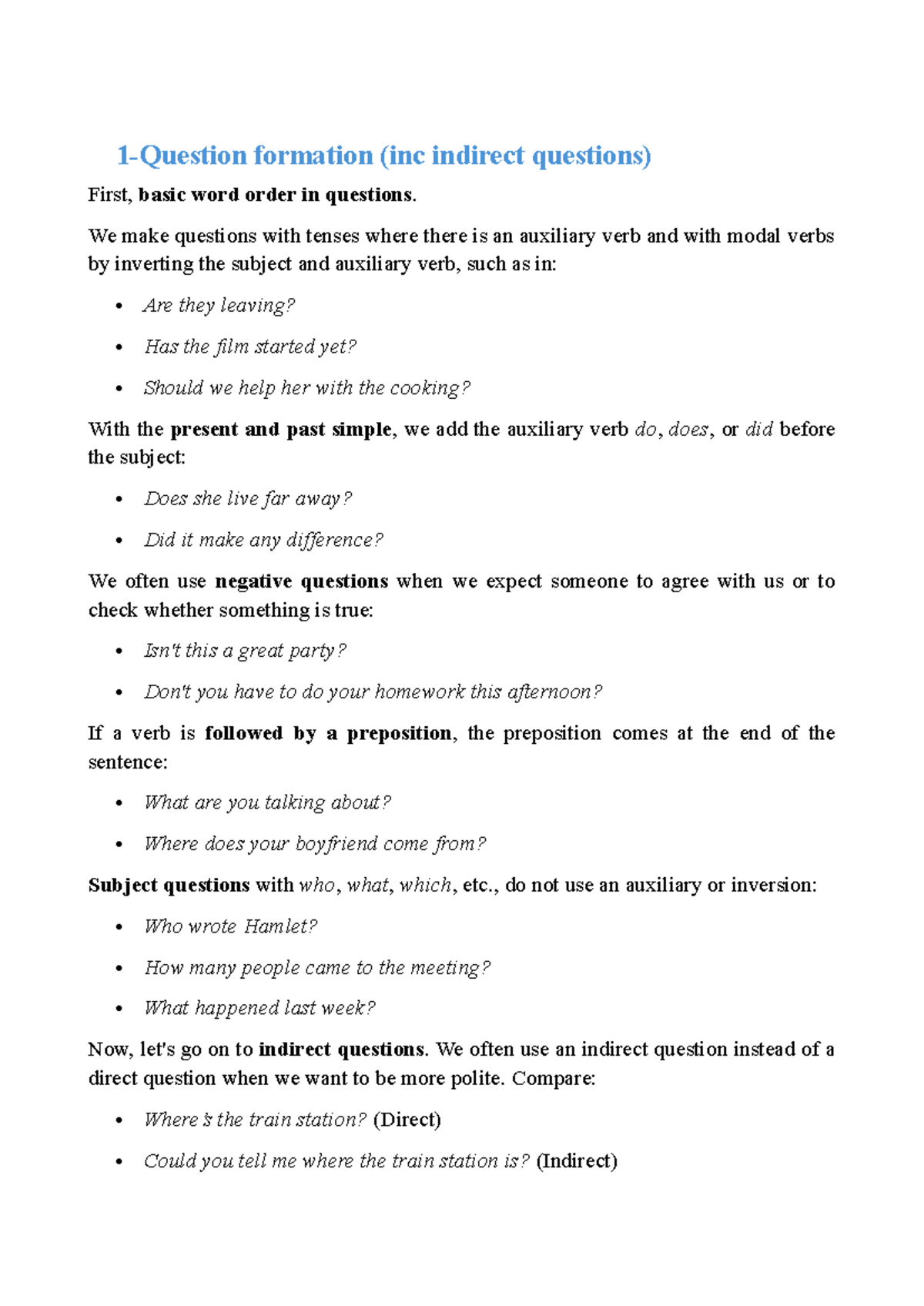 Recap - Formation of Questions & Indirect Questions (ENG101) - Studocu