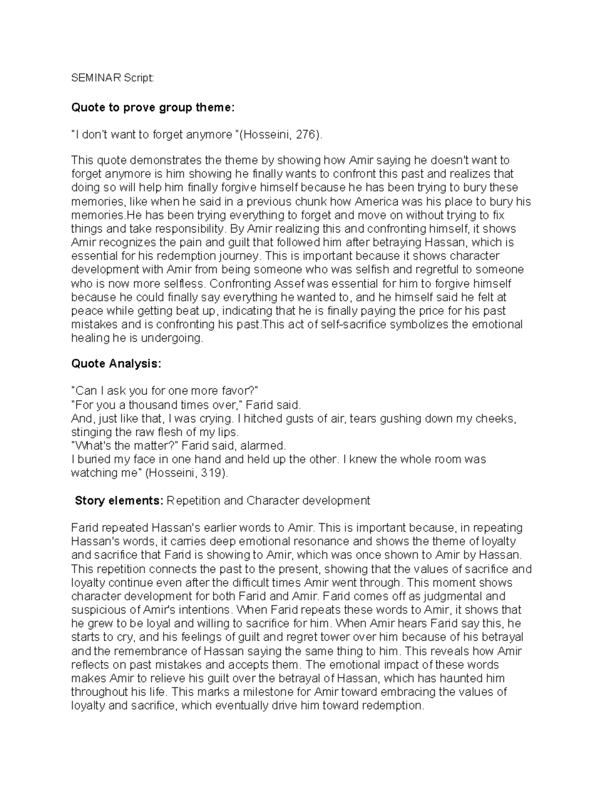 SEMINAR Script: Analyzing Amir's Redemption Journey and Character ...