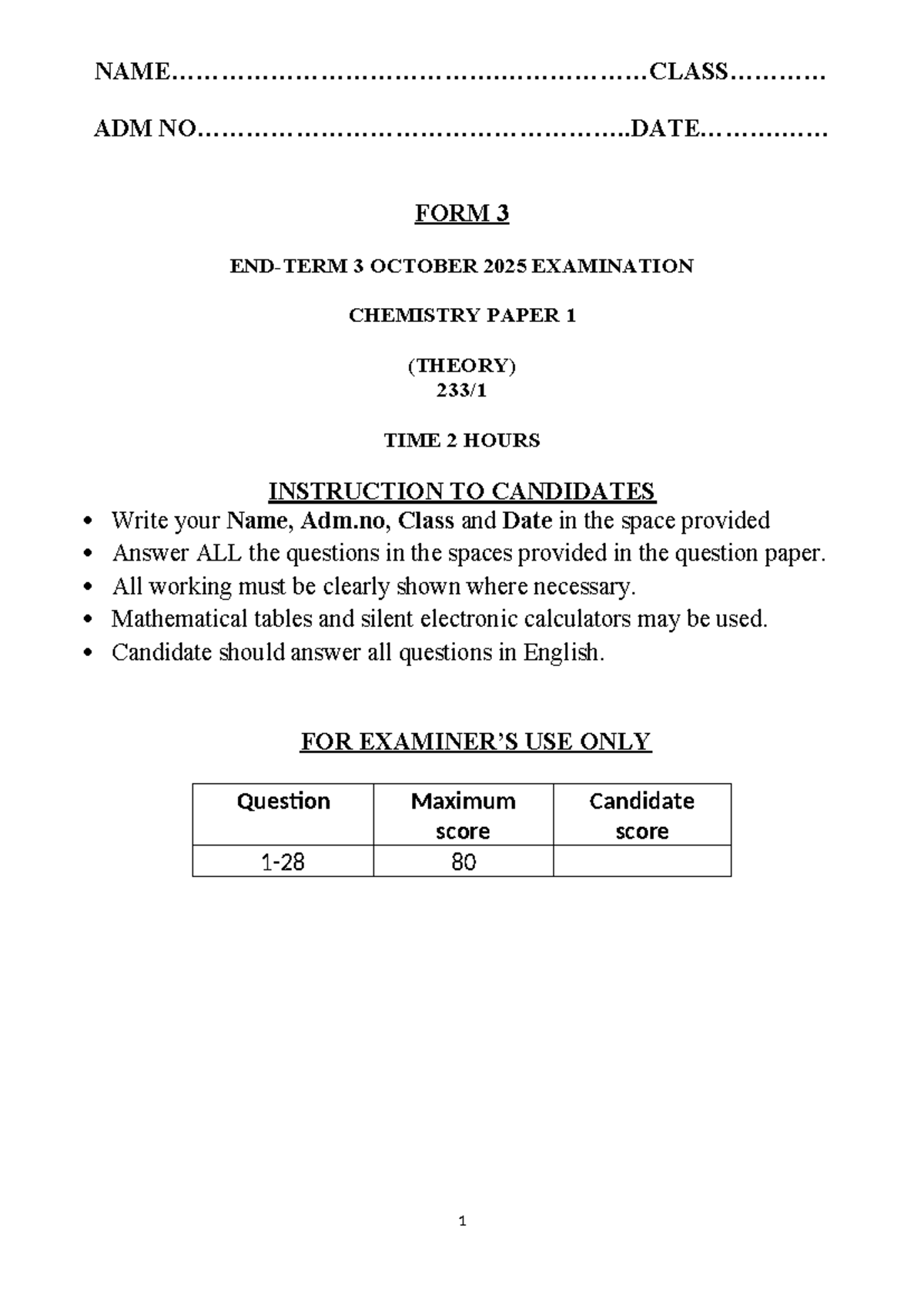Chemistry FORM 3 PP1 Examination Questions (October 2025) - Studocu