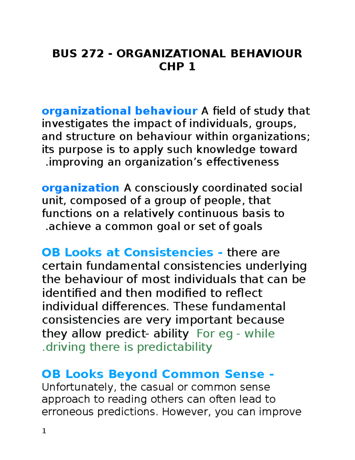 BUS 272 Notes - BUS 272 - ORGANIZATIONAL BEHAVIOUR CHP 1 organizational ...