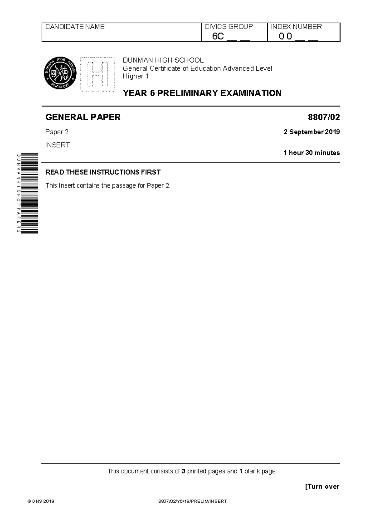 2019 DHS Y6 Prelim Exam General Paper 2 Insert - Studocu