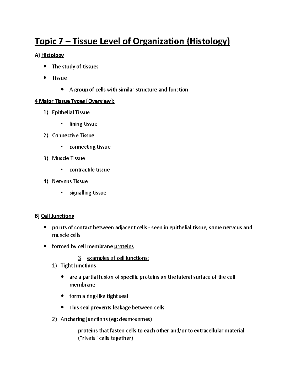 Topic 7 - Histology: Tissue Types, Structure, and Functions Notes - Studocu