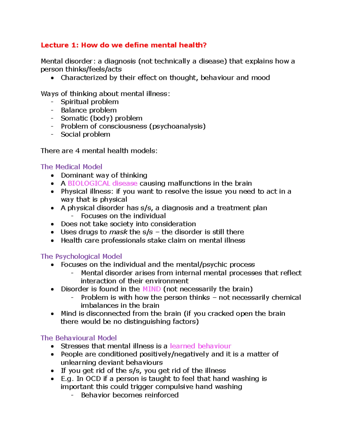 1 - H Lthage 1CC3 Mental Illness Concepts & Models Lecture Notes - Studocu