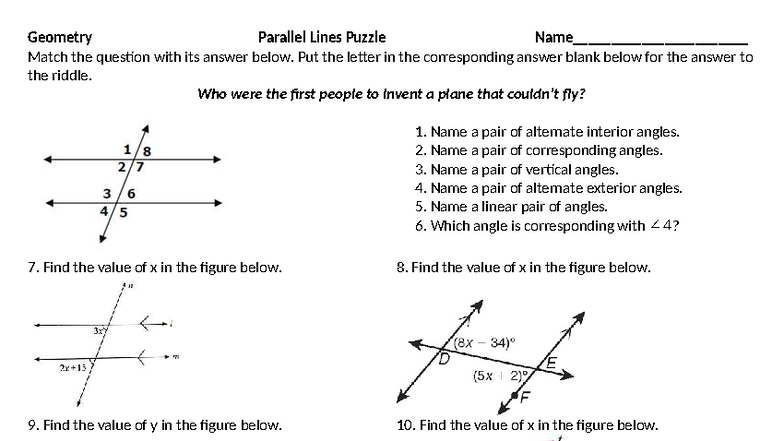 Geom 101: Parallel Lines Puzzle & Angle Relationships - Studocu