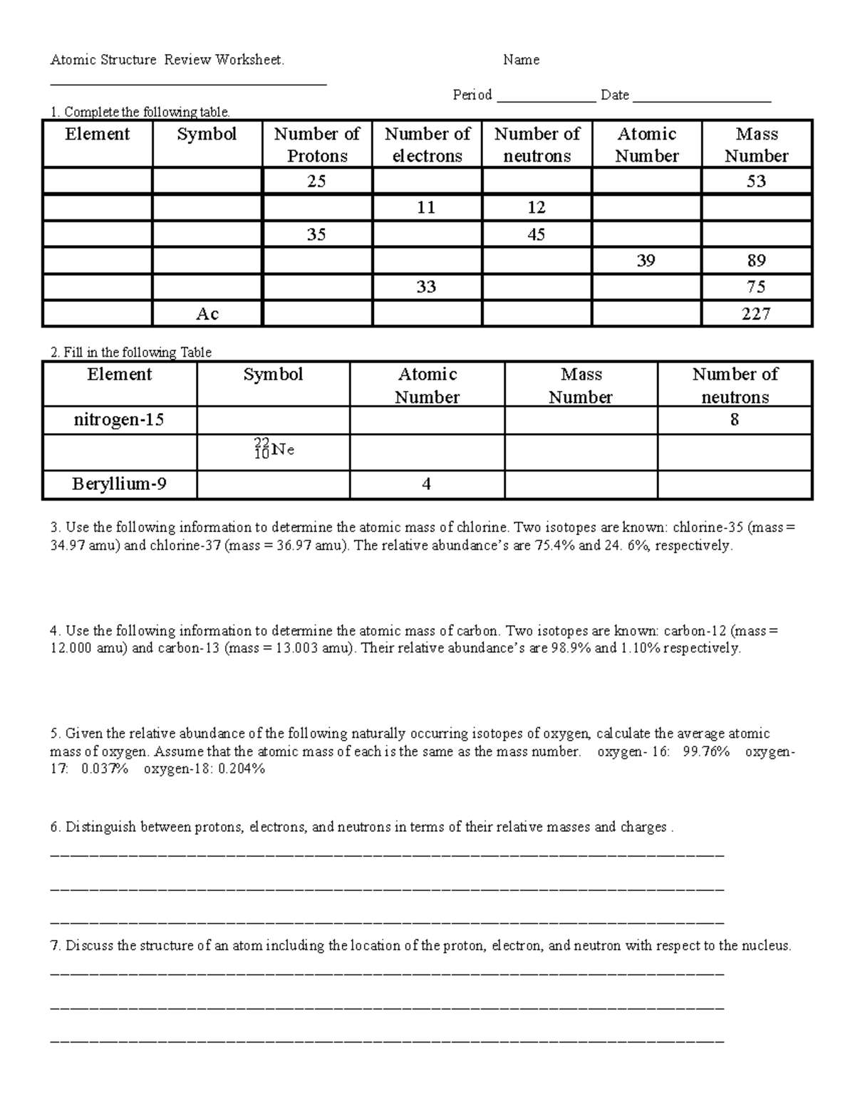 Atomic structure review worksheet (04) - Studocu