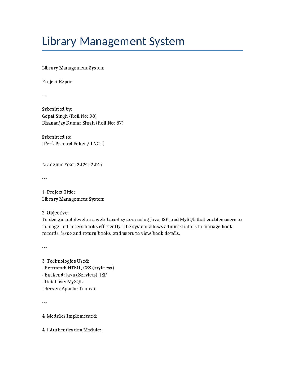 Library Management System Project Report (Roll No: 98 & 87) - Studocu
