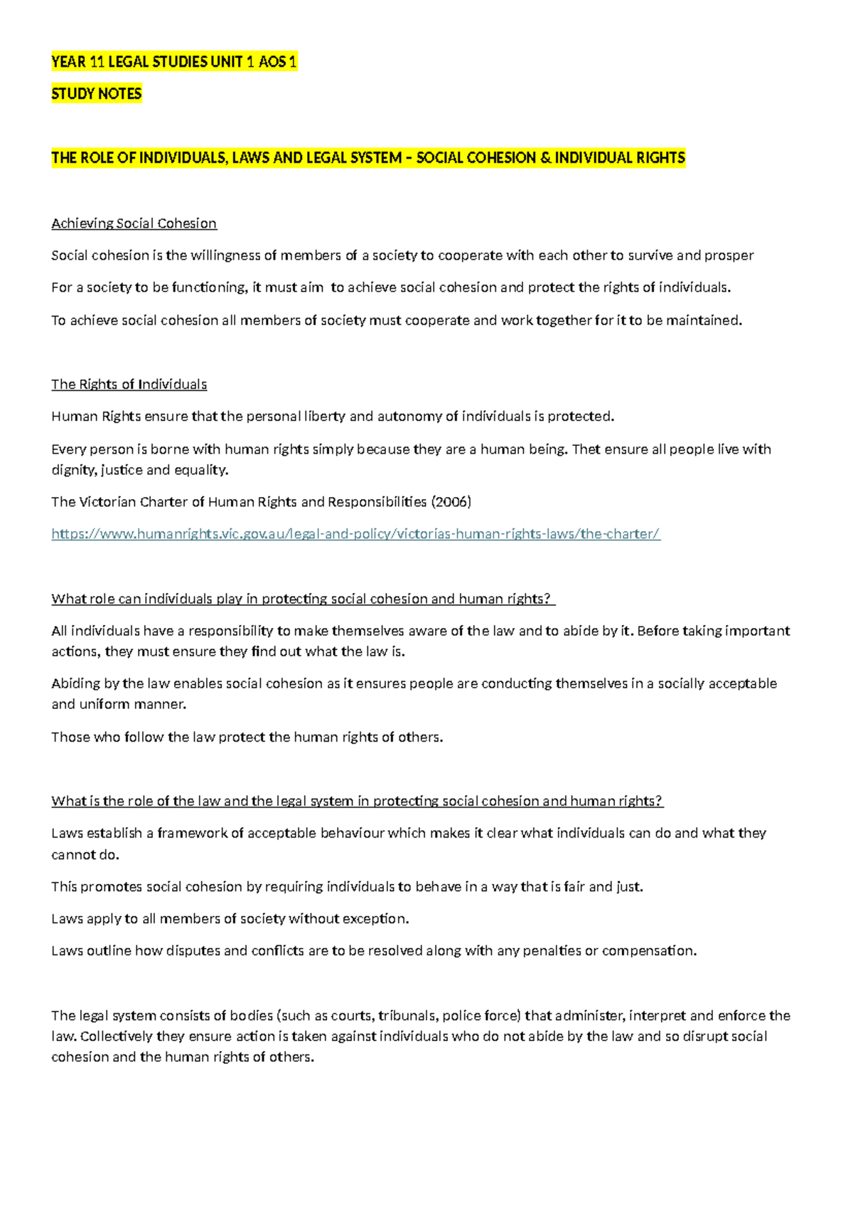 YEAR 11 Legal Studies UNIT 1 AOS 1 Study Notes: Social Cohesion ...