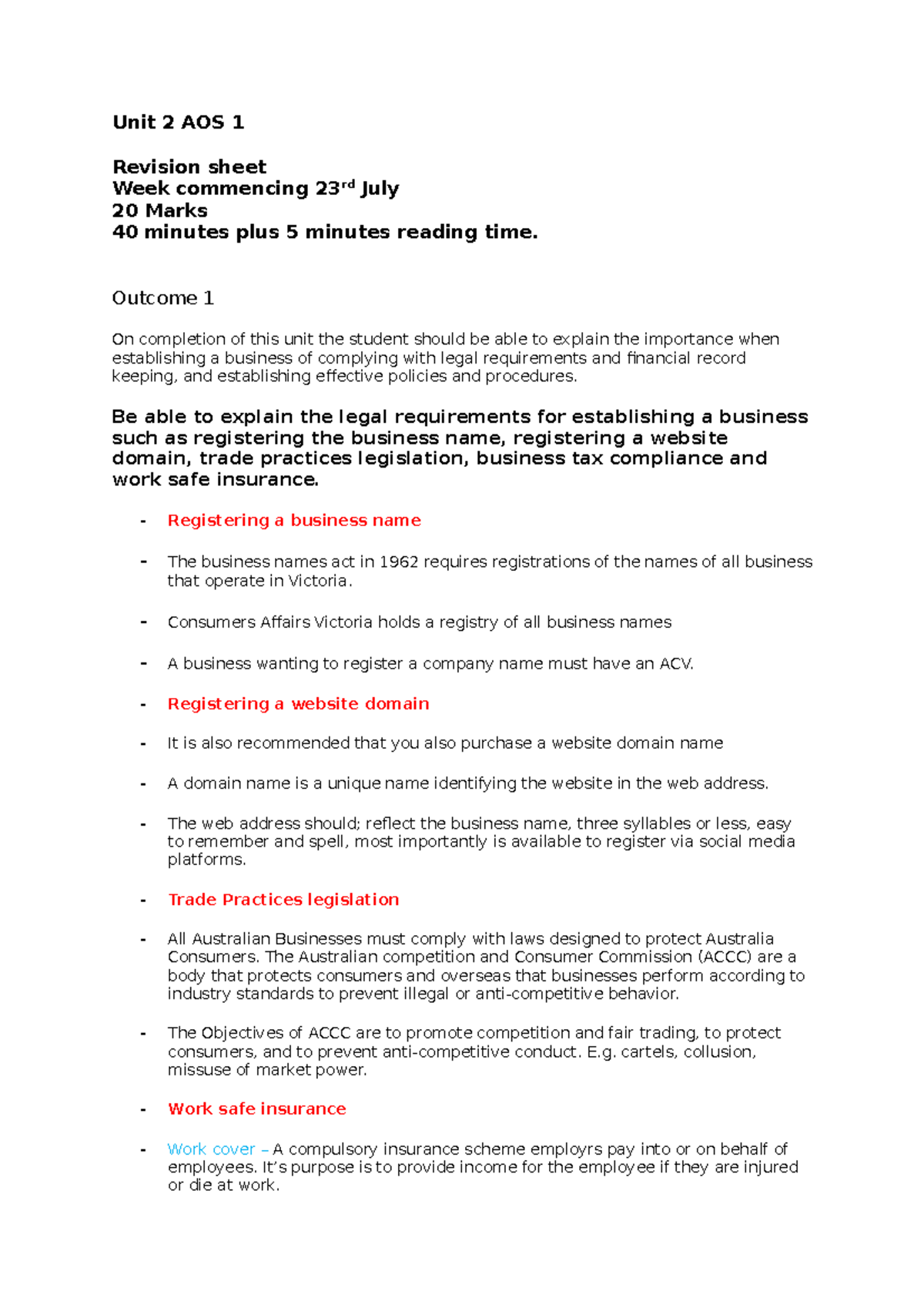 Unit 2 AOS 1 Business Legal and Financial Compliance Revision Sheet ...