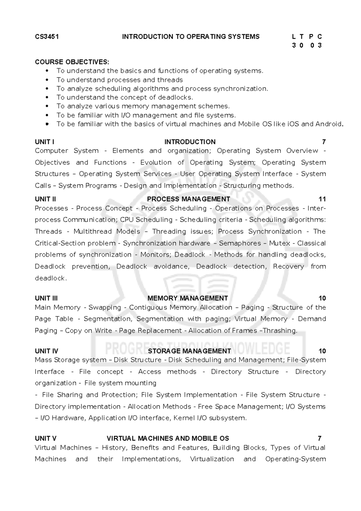 CS3451 Introduction TO Operating Systems Syllabus - CS3451 INTRODUCTION ...