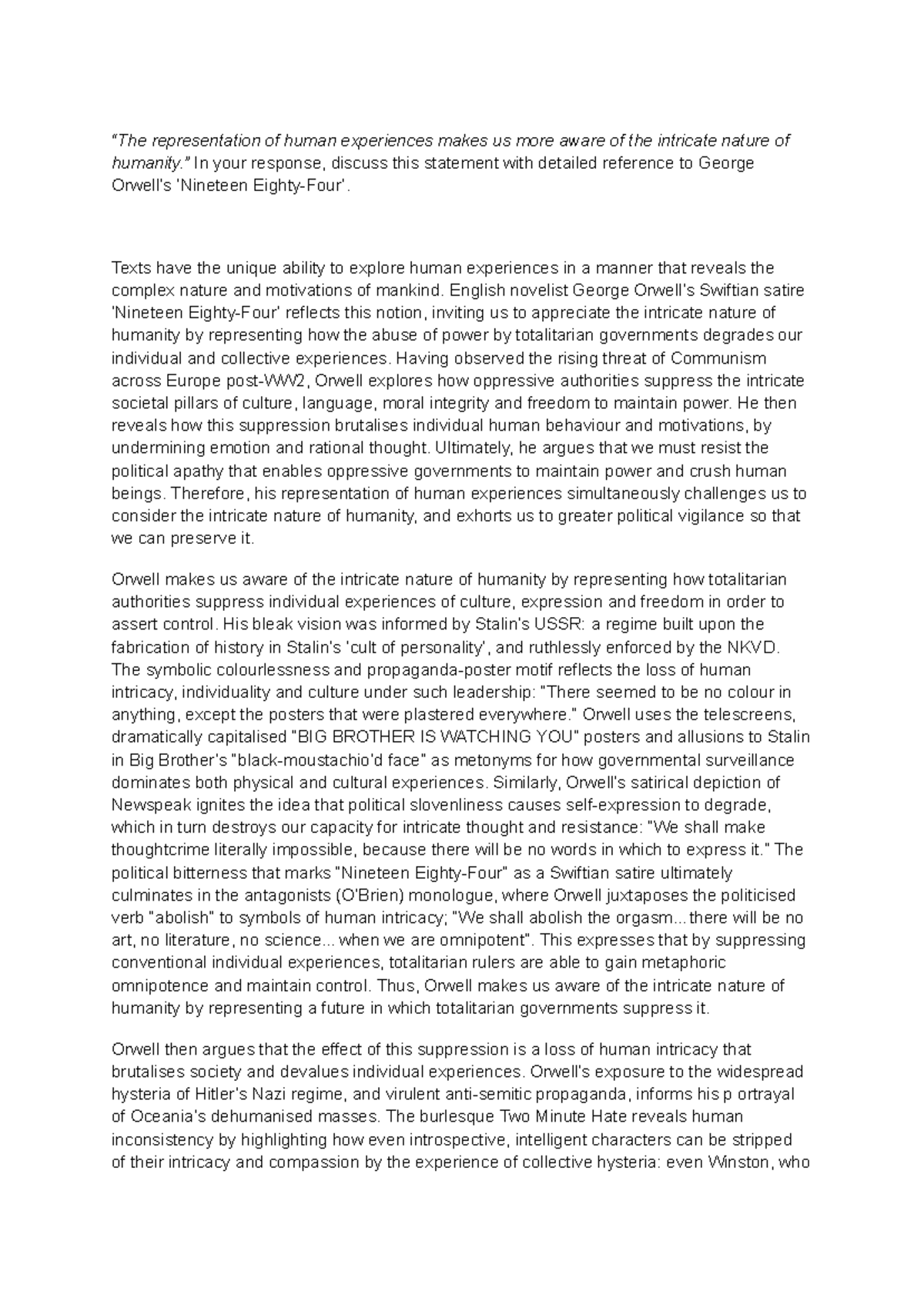 ENG 101 Adv Essay on Human Experience in Orwell's 1984 - Studocu