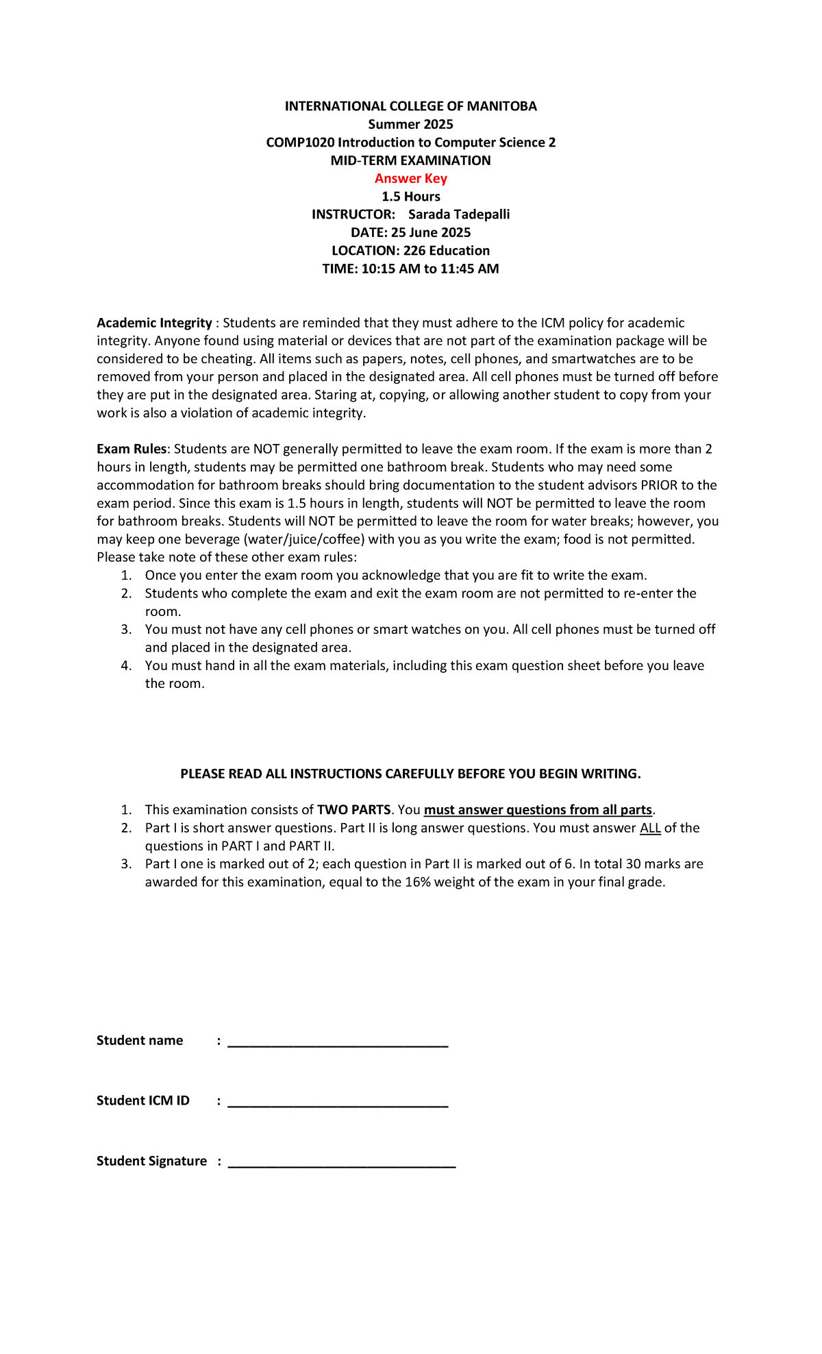 Summer 2025 COMP1020 Intro to Computer Science 2 Midterm Exam Answer ...