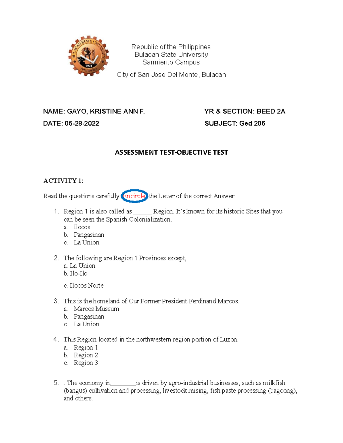 Assessment test objective - Republic of the Philippines Bulacan State ...