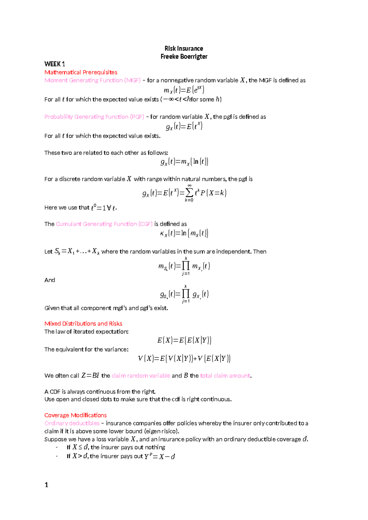 Risk Insurance Lecture Notes: Mathematical Foundations and Applications ...