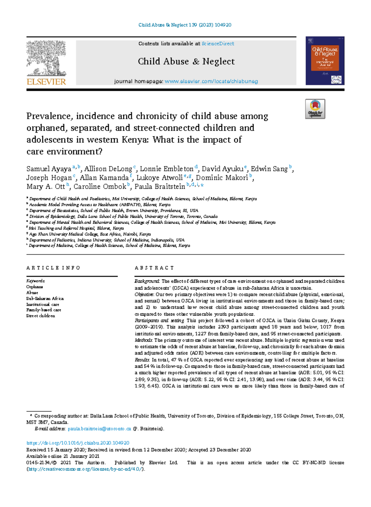 Prevalence and Impact of Child Abuse among Orphaned Youth in Kenya ...