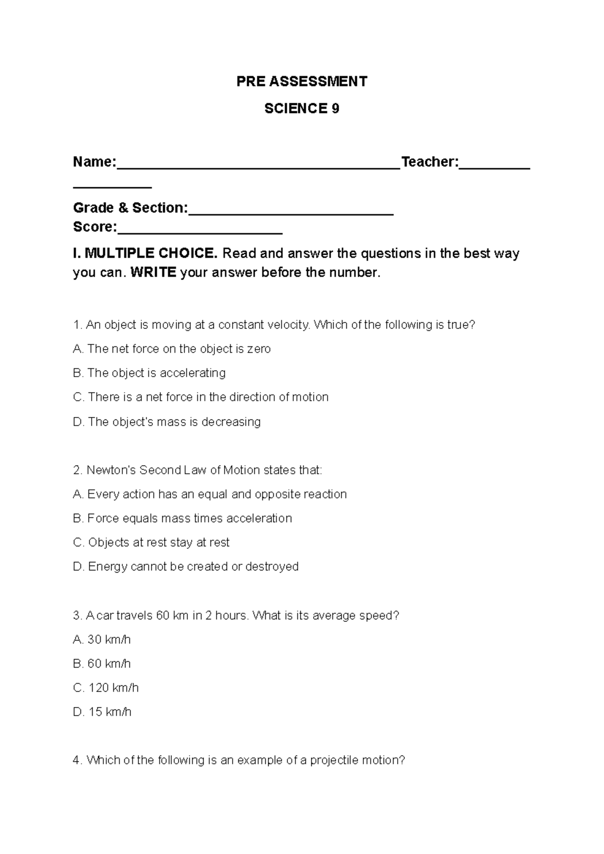 PRE ASSESSMENT SCIENCE 9 - MULTIPLE CHOICE QUESTIONS - Studocu