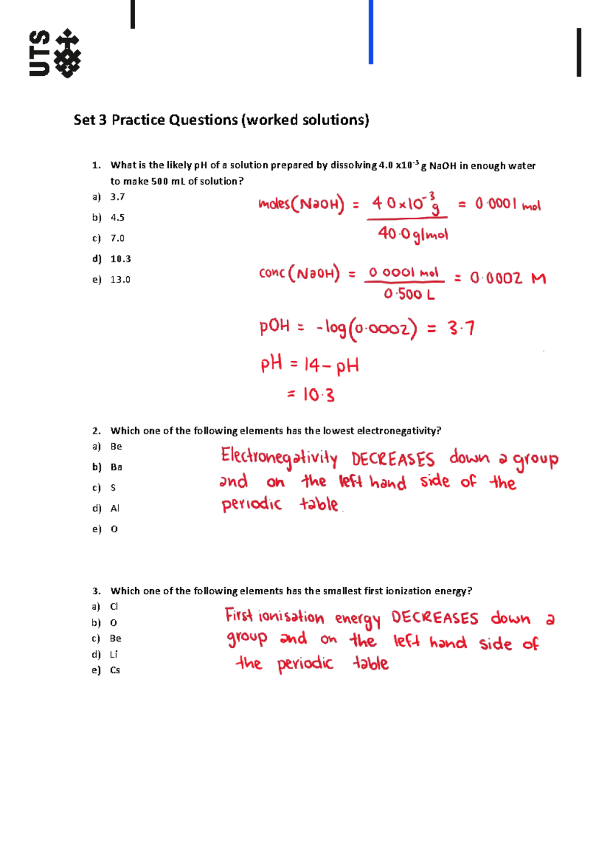 Set 3 Practice Questions (worked solutions) - What is the likely pH of ...